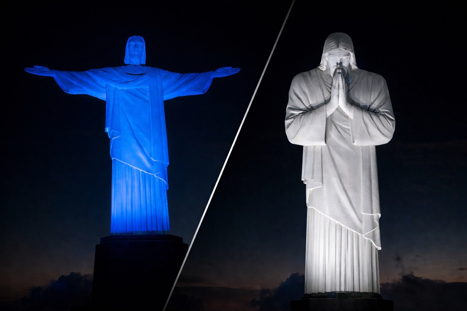 Cristo Redentor iluminado de azul no Dia Mundial de Conscientização sobre o Autismo ao lado de imagem do Cristo em posição de prece