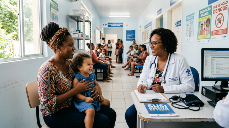 Profissional de saúde orientando mãe e criança em consulta na atenção básica do SUS
