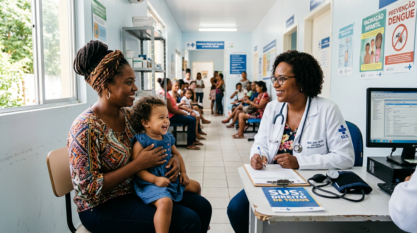 Profissional de saúde orientando mãe e criança em consulta na atenção básica do SUS