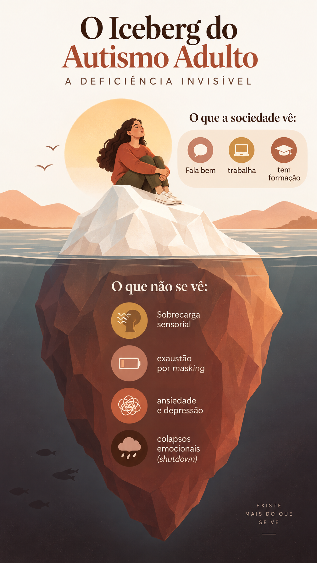 Infográfico: O Iceberg do Autismo Adulto e a Deficiência Invisível